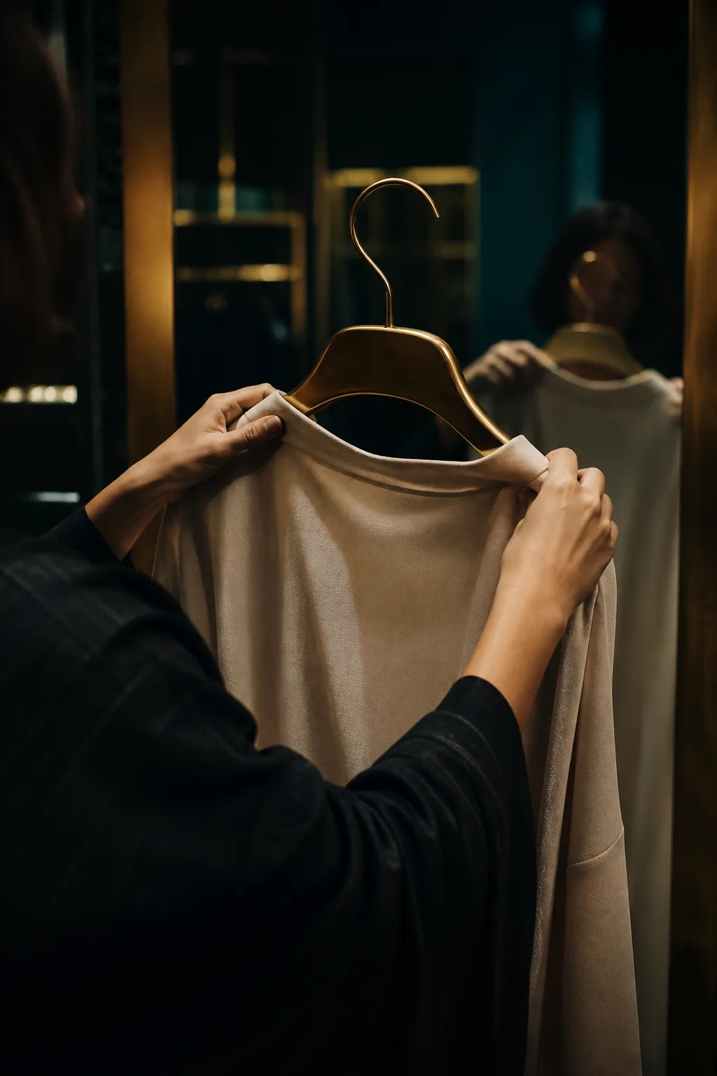 Garment considered carefully beside a mirror in the BARI BUTI store