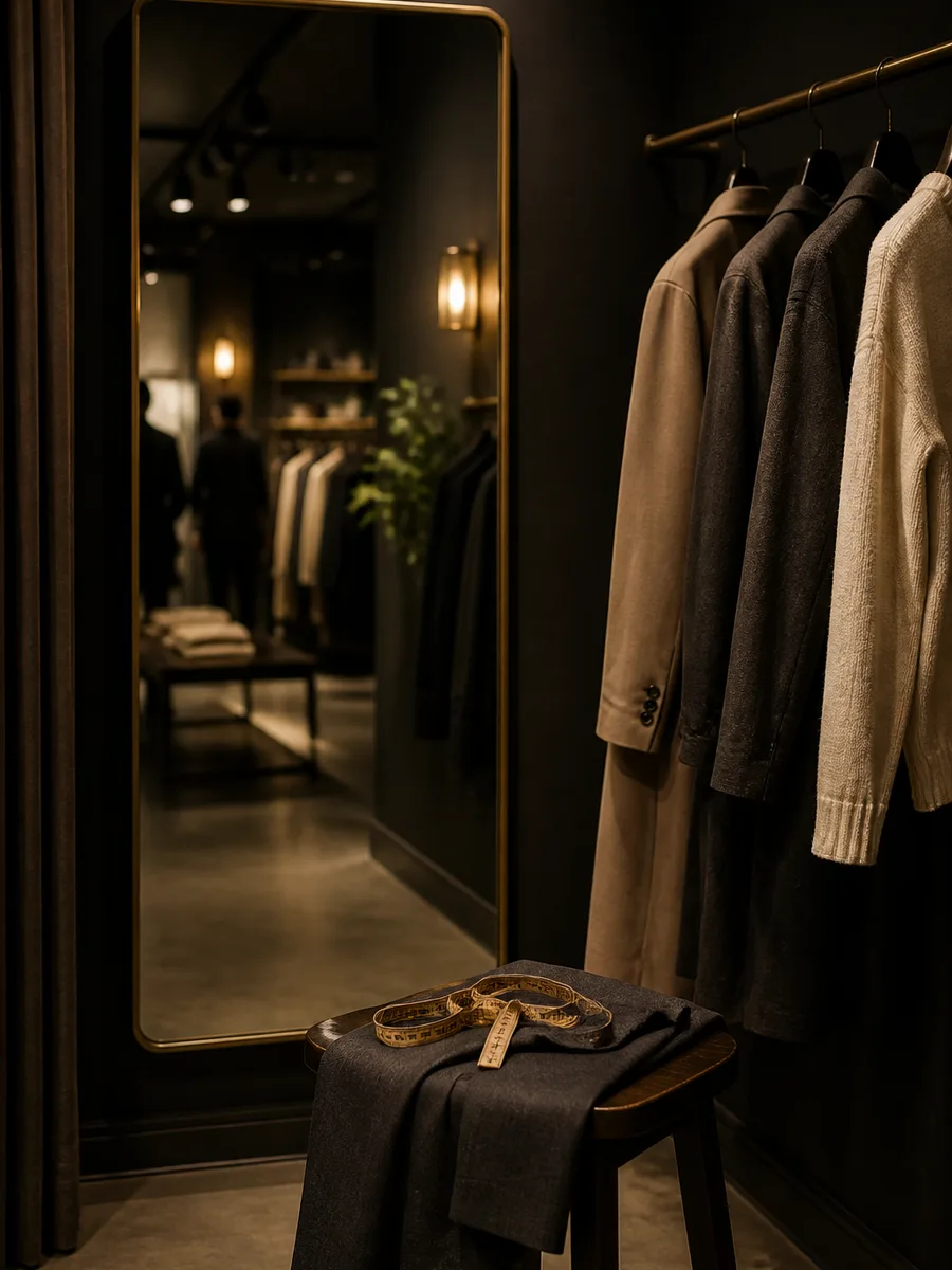 Fitting area with mirror and garments inside the BARI BUTI store